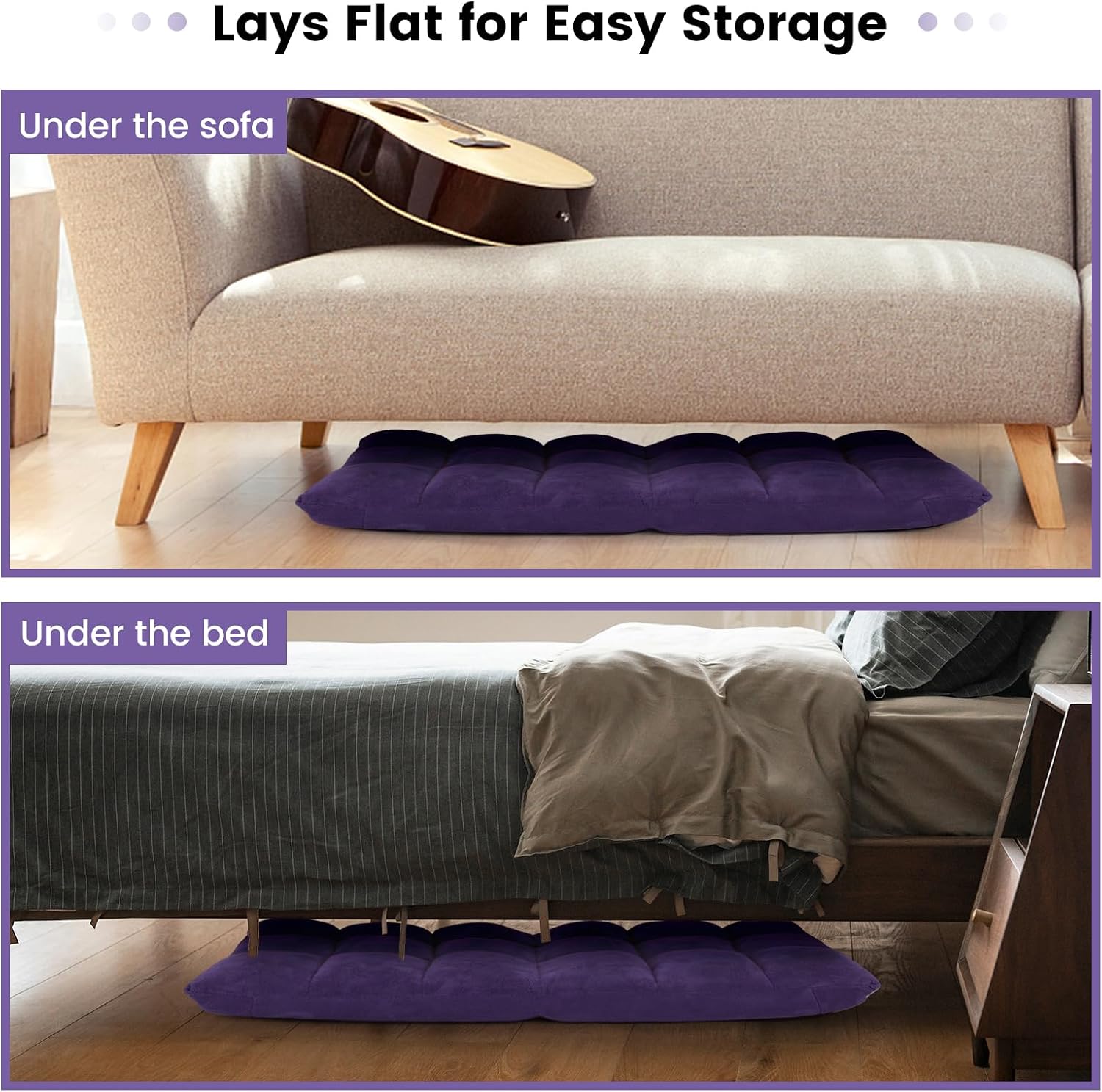MAT EXPERT Floor Chair with Back Support, Floor Gaming Chair w/ 14 Adjustable Position, Soft Coral Fleece&Alloy Steel Frame, Foldable Padded Lazy Couch Recliner for Meditating (Violet, Large)