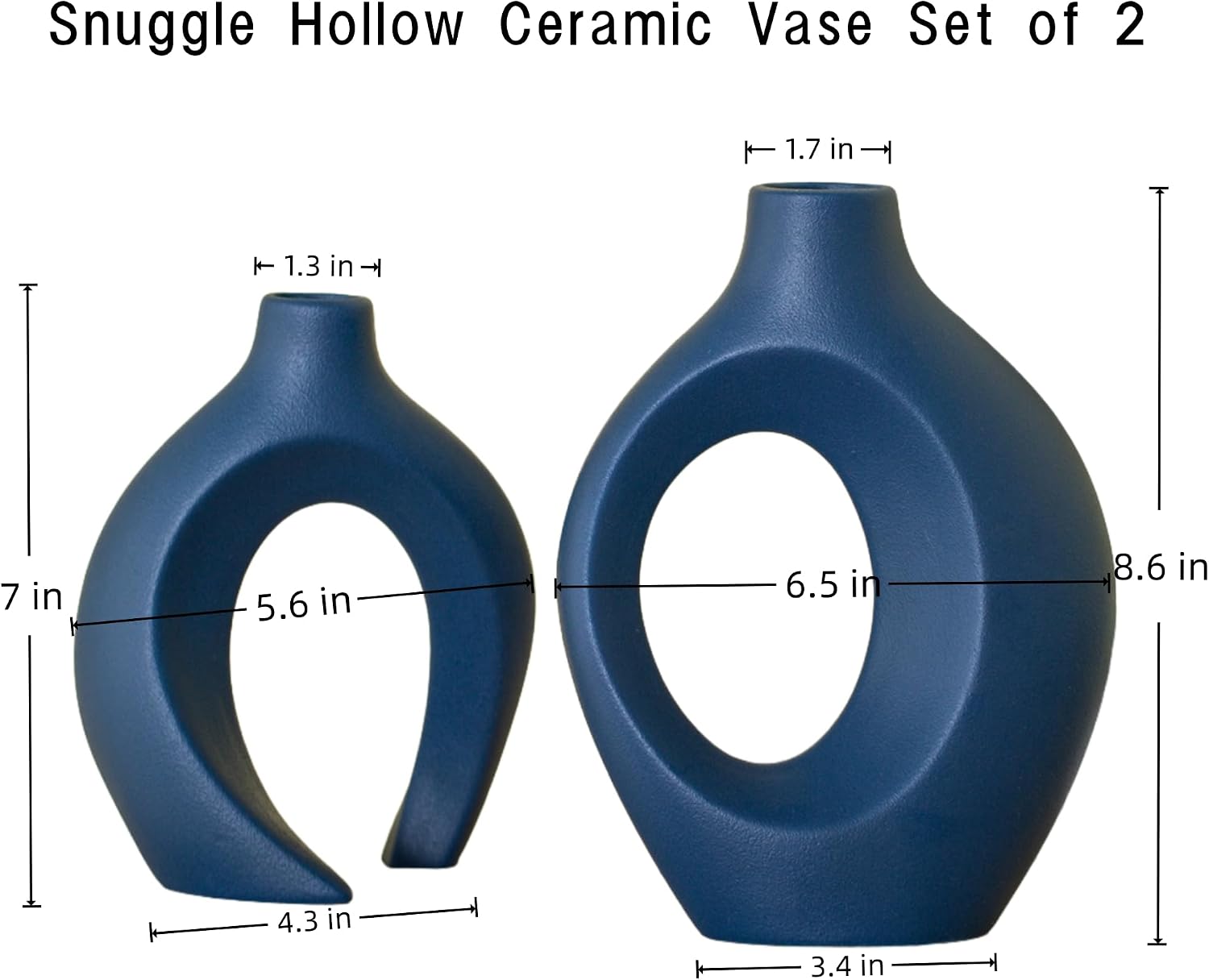 Levvohd Snuggle Hollow Ceramic Vase Set of 2, 8.4 inch Modern Nordic Coastal Shaped Pampas Grass Aesthetic Decorative Table Vases for Home Decor (Matte Navy Blue - M)