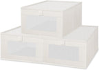 3 Pack Linen Storage Bins with Clear Window - Foldable Fabric Closet Organizer Shelf Baskets for Clothes, Toys, Towels, Jeans, Books, Shelves, 16"x11"x7" (Beige)