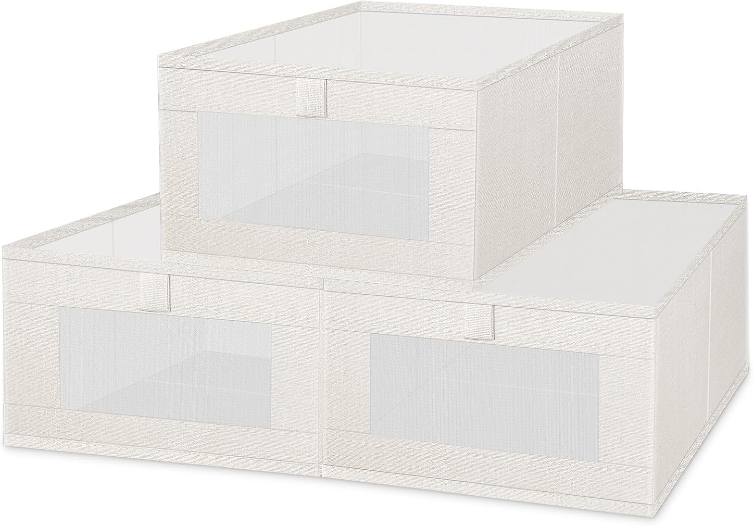 3 Pack Linen Storage Bins with Clear Window - Foldable Fabric Closet Organizer Shelf Baskets for Clothes, Toys, Towels, Jeans, Books, Shelves, 16"x11"x7" (Beige)