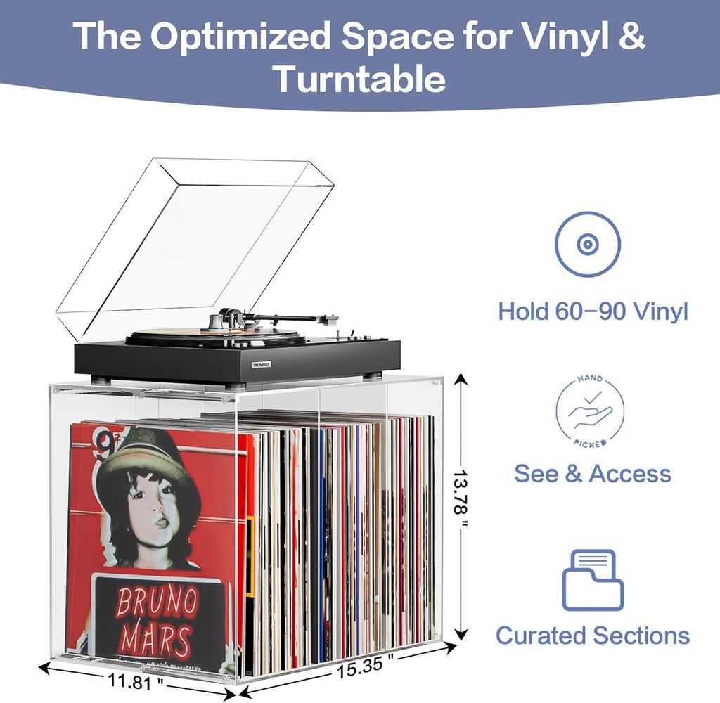 Bikoney Stackable Cube Acrylic Vinyl Record Storage, Tabletop Record Player Stand with Divided Vinyl Shelf, Vinyl Holder & Album Storage Box Crate Bin, Clear