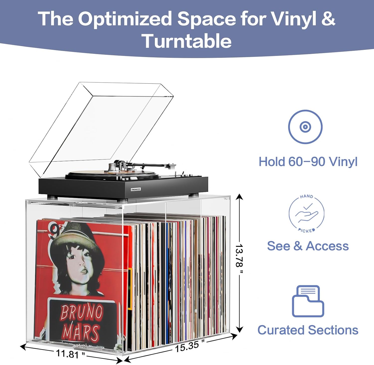 Bikoney Stackable Cube Acrylic Vinyl Record Storage, Tabletop Record Player Stand with Divided Vinyl Shelf, Vinyl Holder & Album Storage Box Crate Bin, Clear