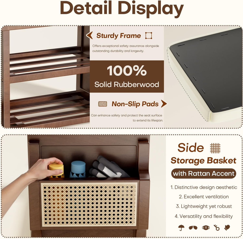 Solid Wood Shoe Bench with Leather Cushion, Shoe Storage Organizer with Side Holder, Shoe Rack Bench for Entryway, Hallway, Living Room, Mudroom, Holds Up to 600lb (Walnut, 31.5"Wx12.6"Dx18.9"H)