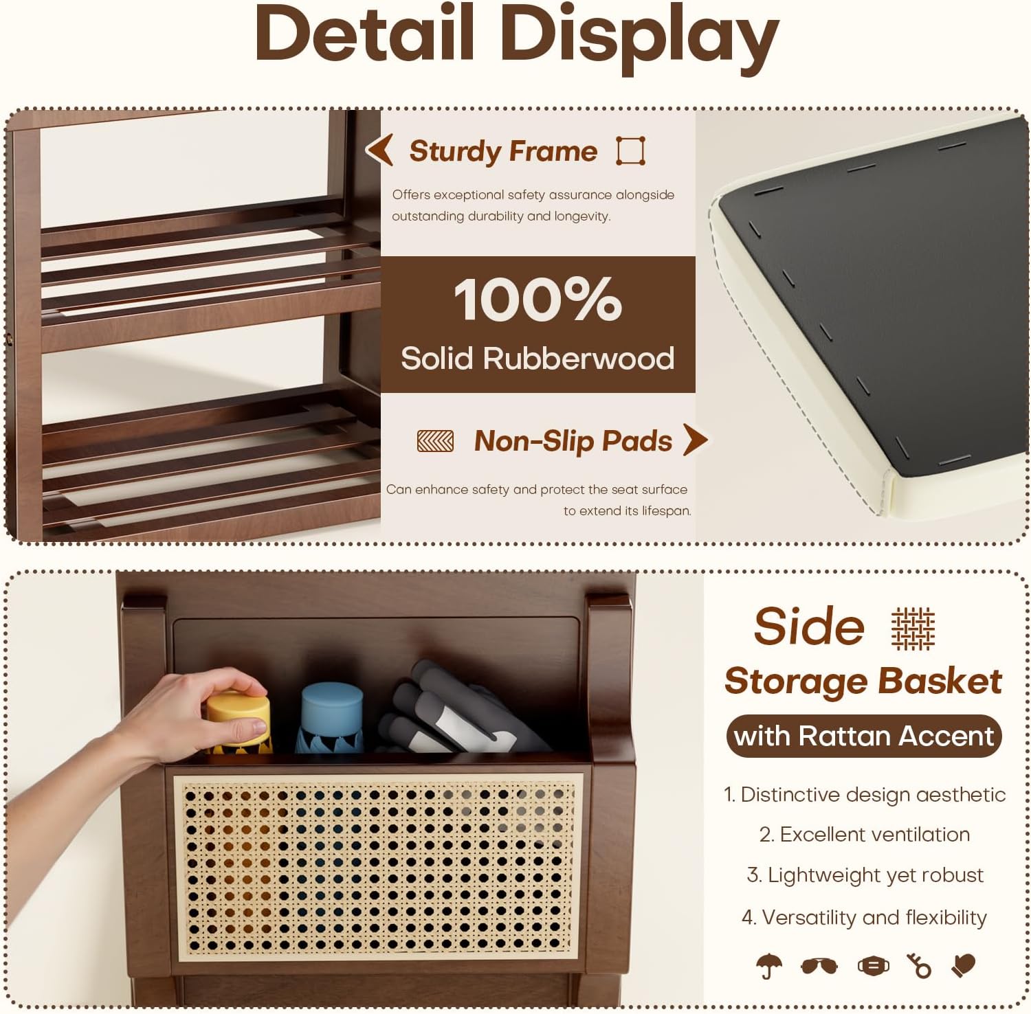 Solid Wood Shoe Bench with Leather Cushion, Shoe Storage Organizer with Side Holder, Shoe Rack Bench for Entryway, Hallway, Living Room, Mudroom, Holds Up to 600lb (Walnut, 31.5"Wx12.6"Dx18.9"H)
