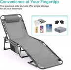 Gray Lounge Chairs for Outside, Folding Beach Lounger with Carrying Handle and Side Pocket, 5-Position Adjustable Sun Tanning Chair Removable Pillow for Pool, Beach, Patio, Lawn