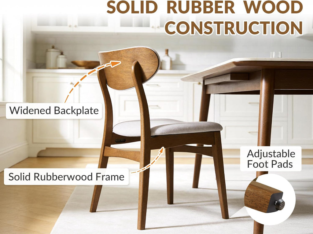 Wooden Dining Chairs Set of 2 - Farmhouse Fabric Upholstered Kitchen Chairs with Curved Back, Solid Wood Mid-Century Modern Side Chair for Dining Room, Beige & Walnut