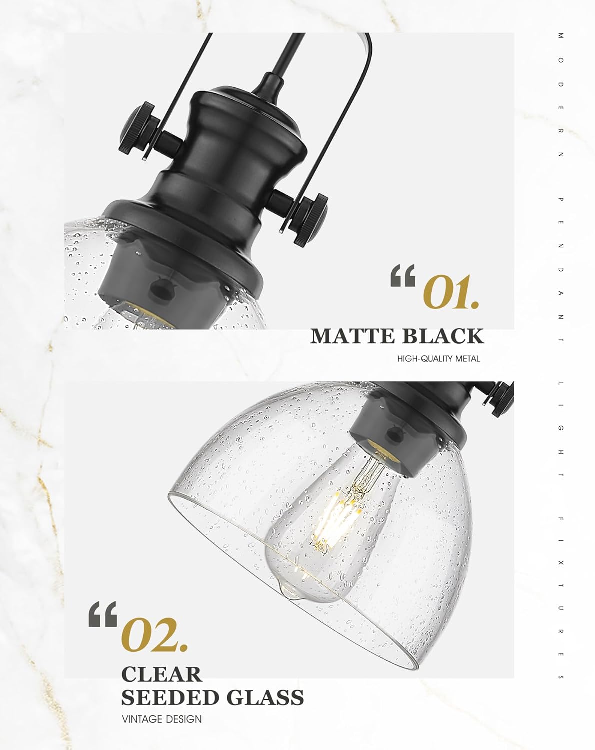2 Pack Pendant Lights Kitchen Island, 7.5" Black Pendant Lighting with Clear Seeded Glass Shade, Farmhouse Hanging Light Fixtures for Dining Room, AD-22151-1P2-BK