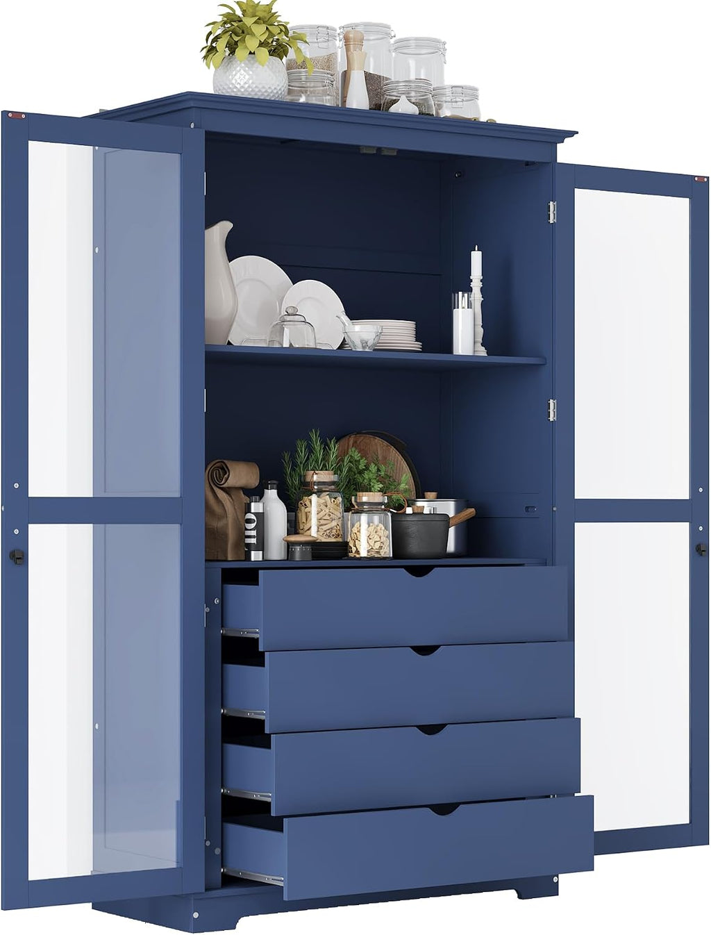 JIJIWANG Kitchen Pantry Cabinet,Coffee Bar Storage with Glass Doors and 4 Built-in Drawers,Food Pantry for Kitchen,Dining Room,Living Room and Garage,Home Office,Blue