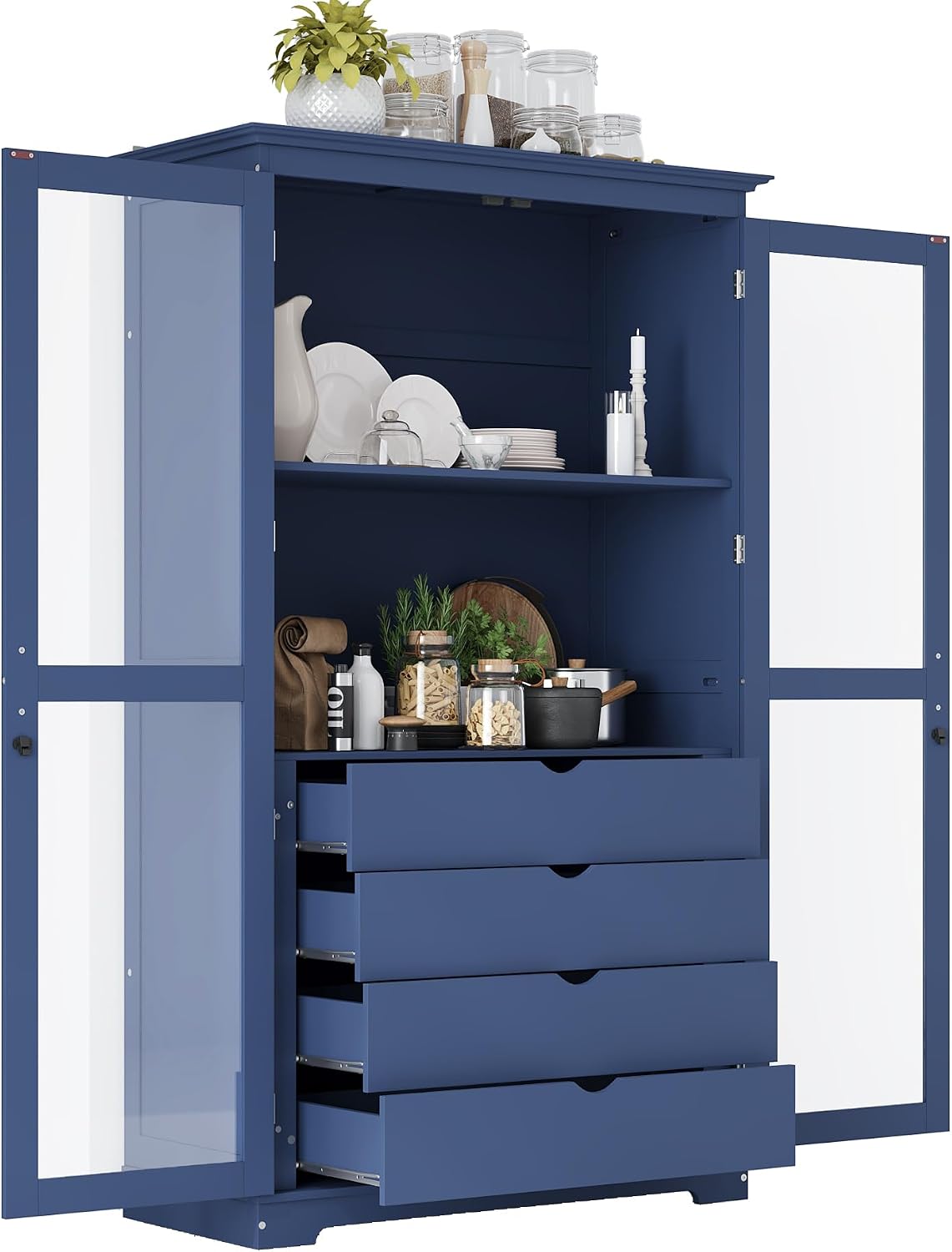 JIJIWANG Kitchen Pantry Cabinet,Coffee Bar Storage with Glass Doors and 4 Built-in Drawers,Food Pantry for Kitchen,Dining Room,Living Room and Garage,Home Office,Blue