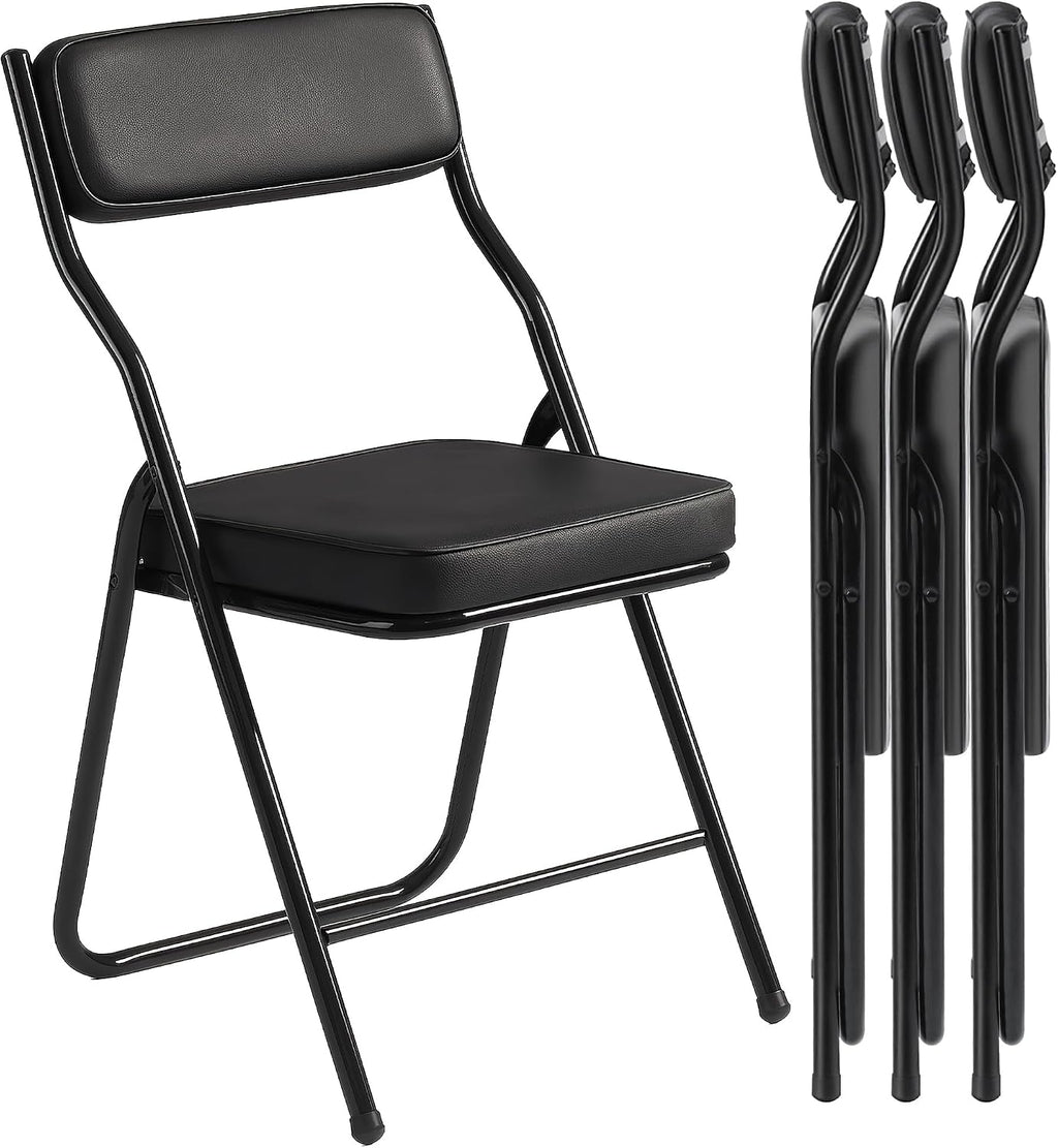 4 Pack Black Padded Folding Chairs with PU Leather Cushion and Backrest, Upholstered Foldable Dining Chair with Metal Frame for Indoor Outdoor Party Wedding Office Events, 380lbs Capacity