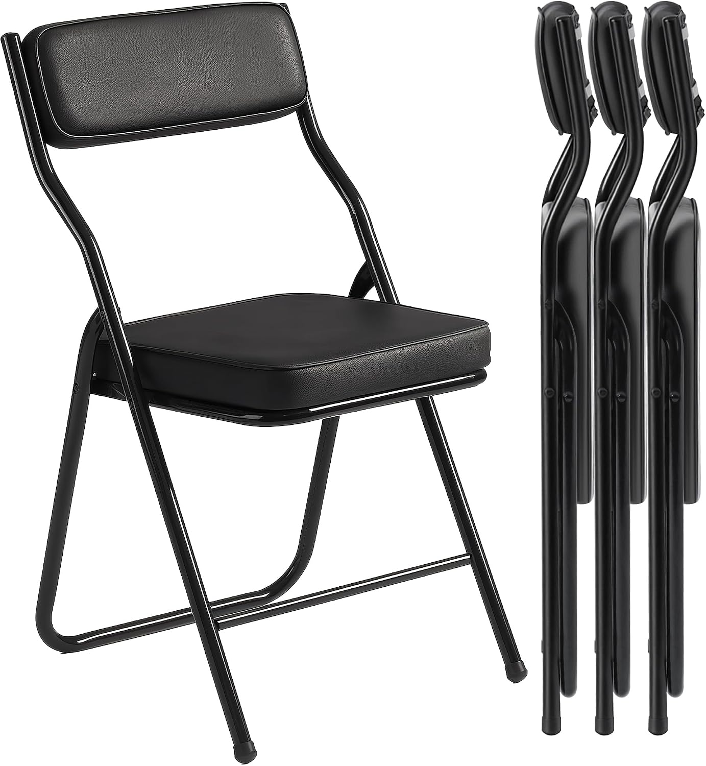 4 Pack Black Padded Folding Chairs with PU Leather Cushion and Backrest, Upholstered Foldable Dining Chair with Metal Frame for Indoor Outdoor Party Wedding Office Events, 380lbs Capacity