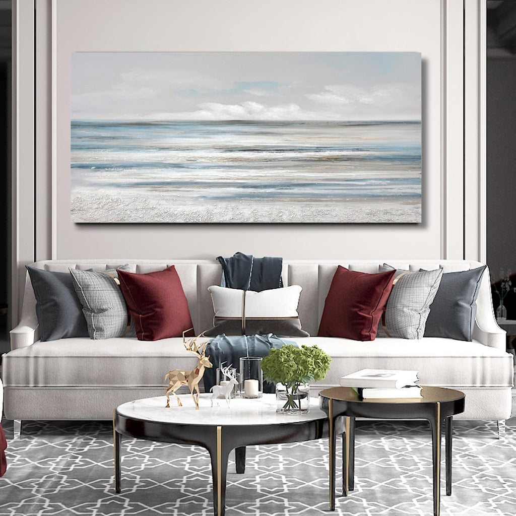 TRAIN2 ART Abstract Wall Art Modern Coastal Wall Decor Textured Blue and White Sea Background Canvas Wall Art for Living Room Bedroom Kitchen Office 28"x57"