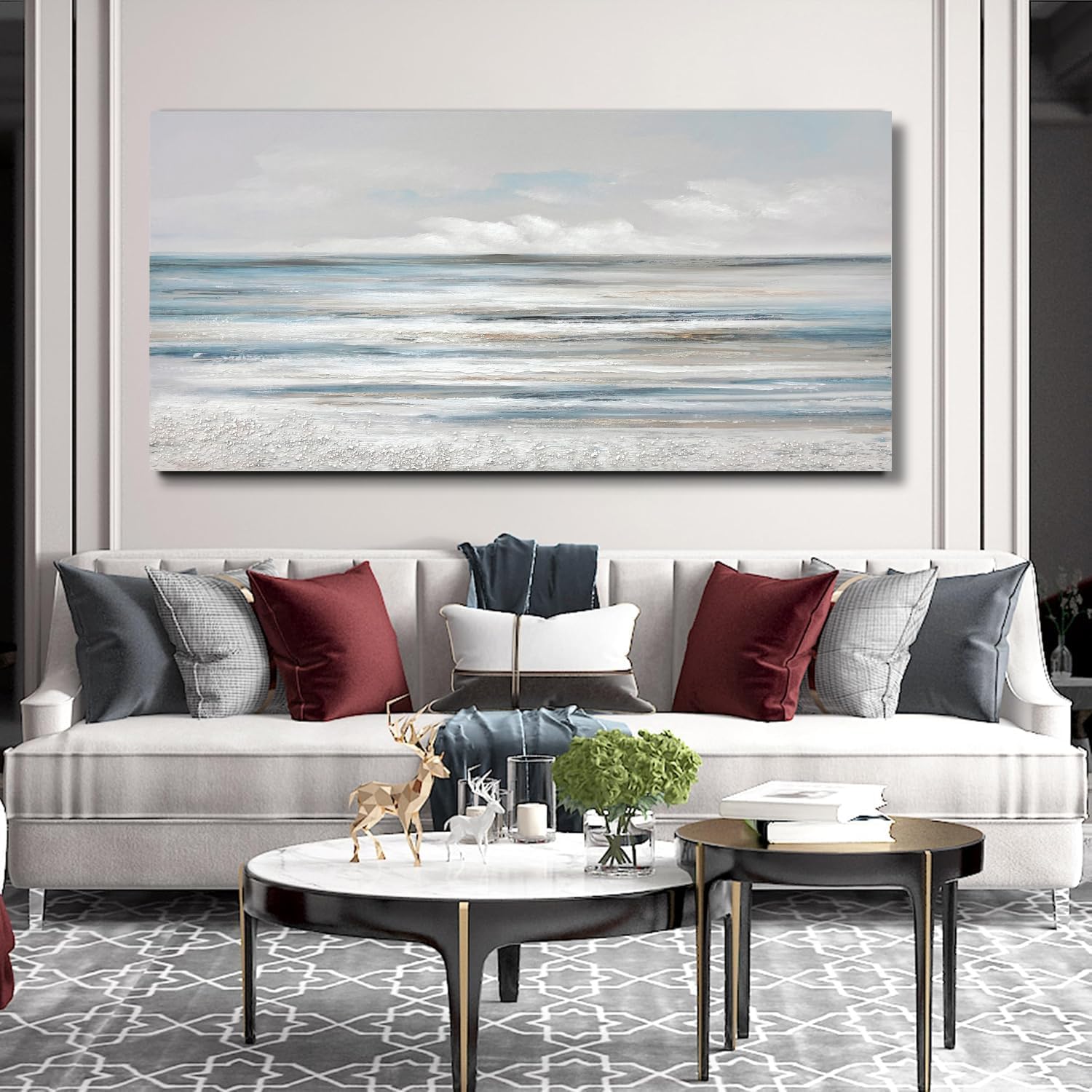 TRAIN2 ART Abstract Wall Art Modern Coastal Wall Decor Textured Blue and White Sea Background Canvas Wall Art for Living Room Bedroom Kitchen Office 28"x57"
