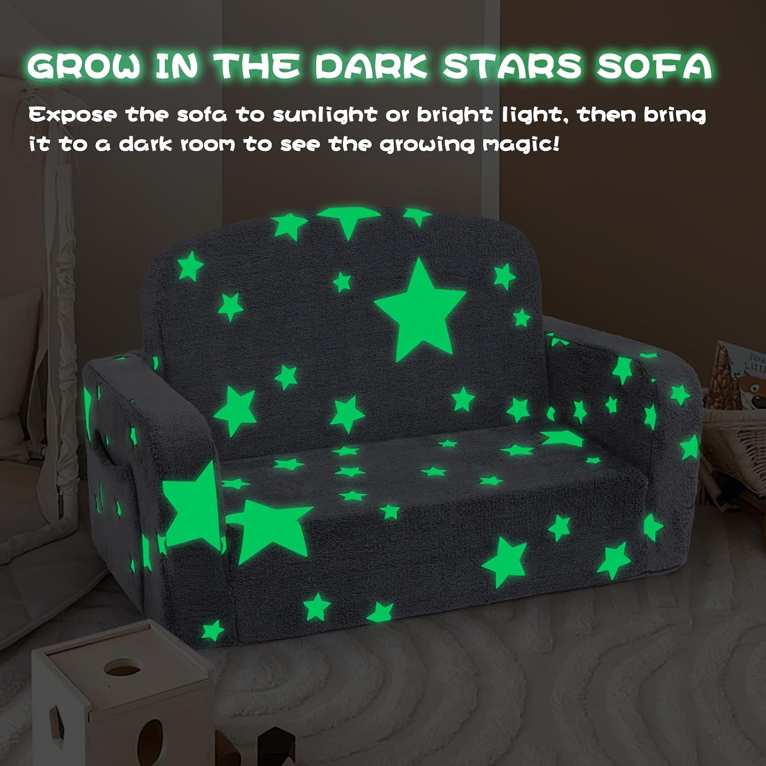 Foryoomi Extra Wide Kids Couch, 2-in-1 Soft Couch with Blanket, Glow in The Dark, Comfy Chair with Cloud Pillow, Convertible Sofa, Star