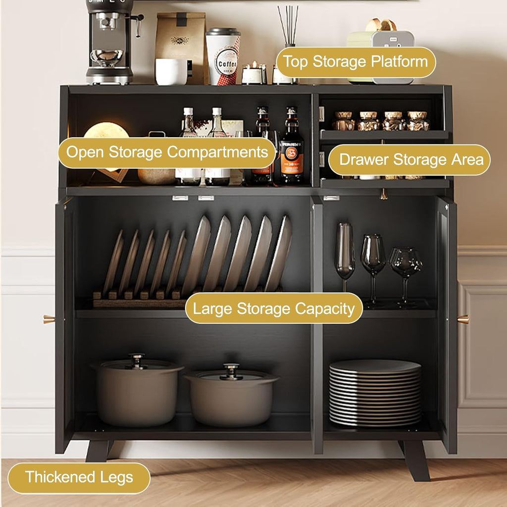 Kitchen Pantry Storage Cabinet with 3 Doors, Modern Hutch with Storage Drawers, Coffee Bar Workstation, for Kitchen, Bedroom, Dining Room, Office
