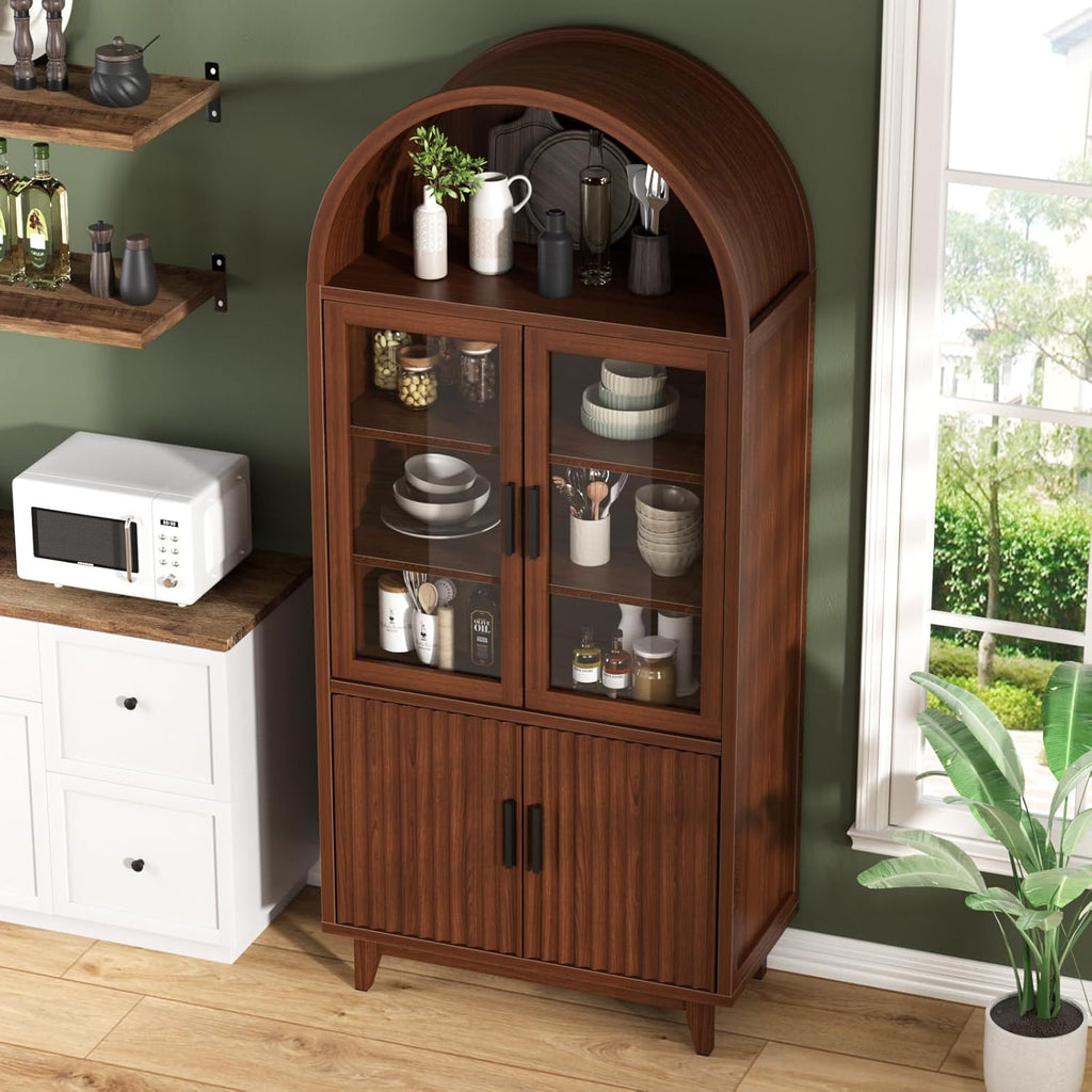 FiveWillowise Kitchen Pantry Cabinet with Glass Doors - Arched Design, Solid Wood Legs, Artistic Fluted Door, Adjustable Shelves, 70.8" Curved Storage Cabinet for Kitchen, Dining Room