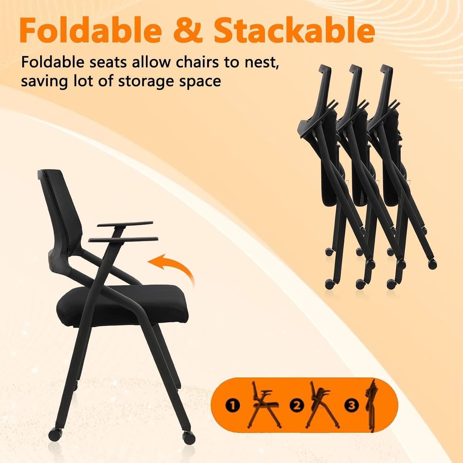 CLATINA Ergonomic Stackable & Foldable Conference Room Chairs, Mesh Office Chair with Arms and Wheels for Office Waiting Room Meeting Lobby Church School Receptions and Training Black (10 pk)