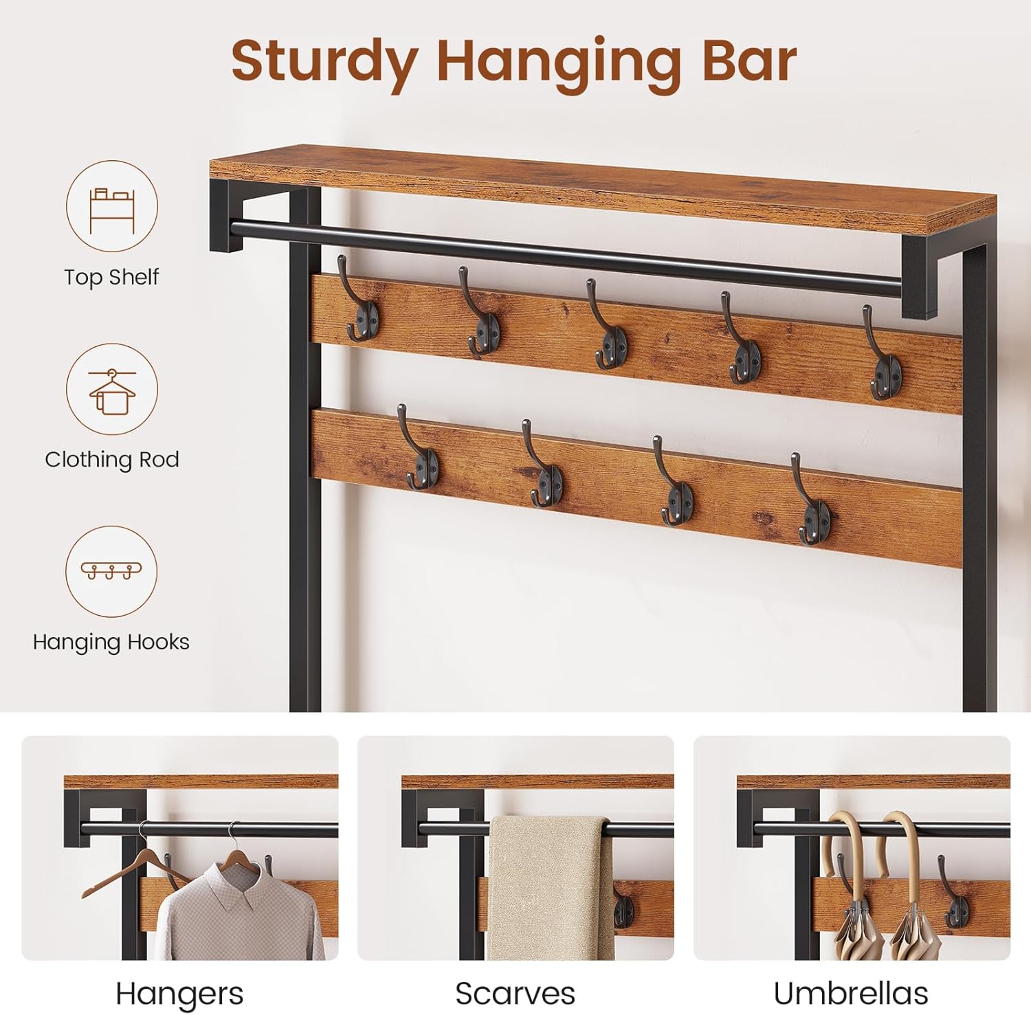 Entryway Hall Tree with Bench, Shoe Storage, Soft Cushion, 3 Fabric Drawers and Storage Bag, 7-in-1 Coat Rack for Hallway, Rustic Brown