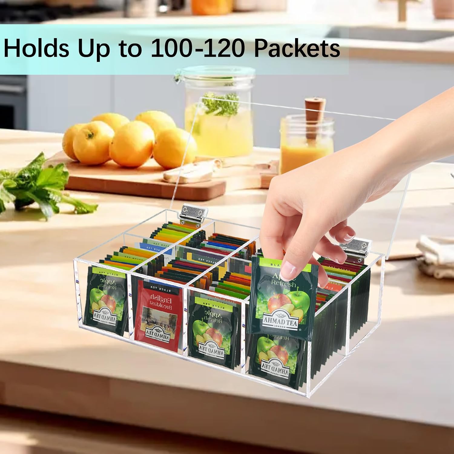 Tea Bag Organizer, Acrylic Tea Bag Holder, Clear Tea Packet Storage Box with Lid, Home Decor