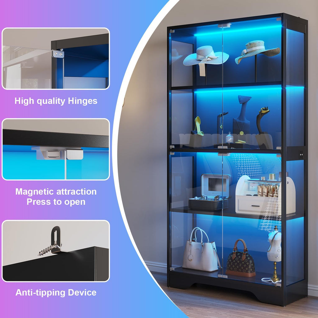 knoworld Display Cabinet with Glass Doors, 63" Tall Curio Cabinet with Human Sensor RGB LED Lights, 4-Tier Glass Display Case with 15mm Thick Shelves for Action Figures, Collectibles, Books - Black