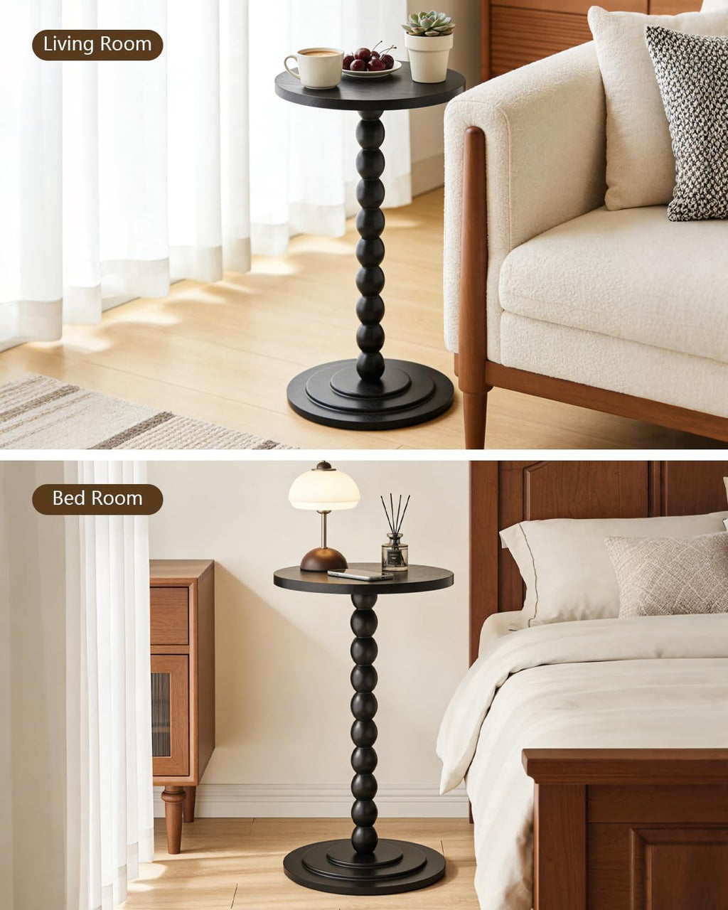 Small Round Side Table, Drink Table, Coffee Martini Table for Small Spaces Modern Accent End Table Nightstand with Solid Wood Leg for Living Room, Bedroom, Corners, and Office (Black)