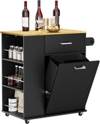 HQZX Rolling Kitchen Island with Trash Can Storage, Black | Portable & Movable & Lockable Wheels, Towel Rack & Spice Rack, Tilt Out Trash Can Cabinet with Drawer, Mobile Island Cart