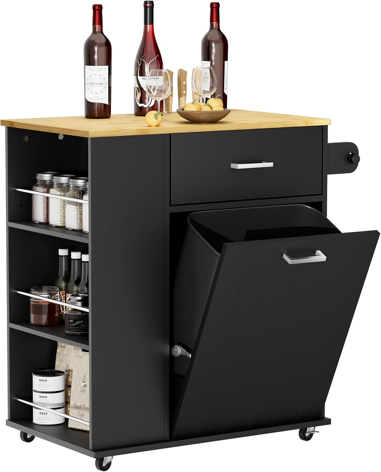 HQZX Rolling Kitchen Island with Trash Can Storage, Black | Portable & Movable & Lockable Wheels, Towel Rack & Spice Rack, Tilt Out Trash Can Cabinet with Drawer, Mobile Island Cart