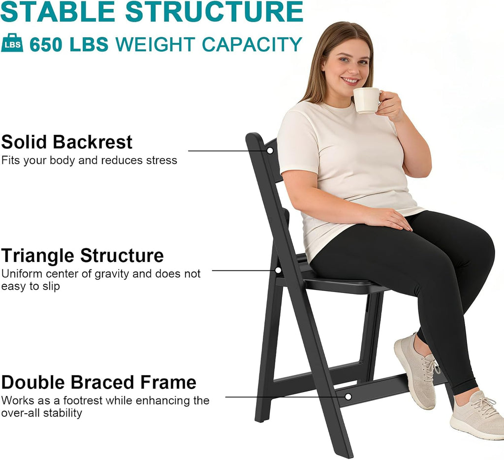 Resin Folding Chairs 4 Pack, 650LB Weight Capacity Foldable Chairs with Padded Seats, Indoor/Outdoor Lightweight Folding Chair for Events, Churches, Schools, Dining, Weekly Services(Black)
