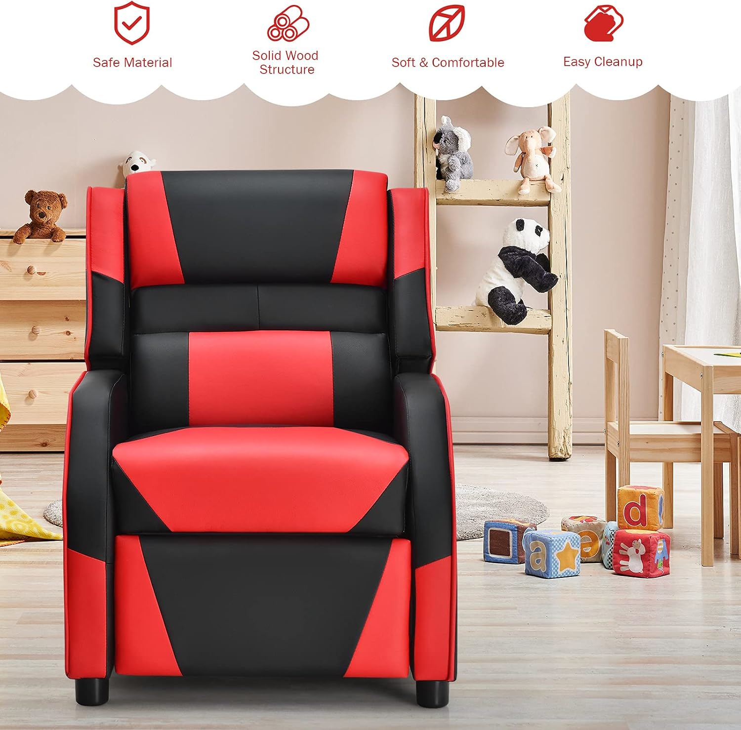 HONEY JOY Kids Recliner, Youth Game Reclining Chair w/Headrest & Back Pillow, Upholstered Leather Lounge Chair for Boys Girls, Manual Adjustable Toddler Single Sofa Chair for Living Room (Red)