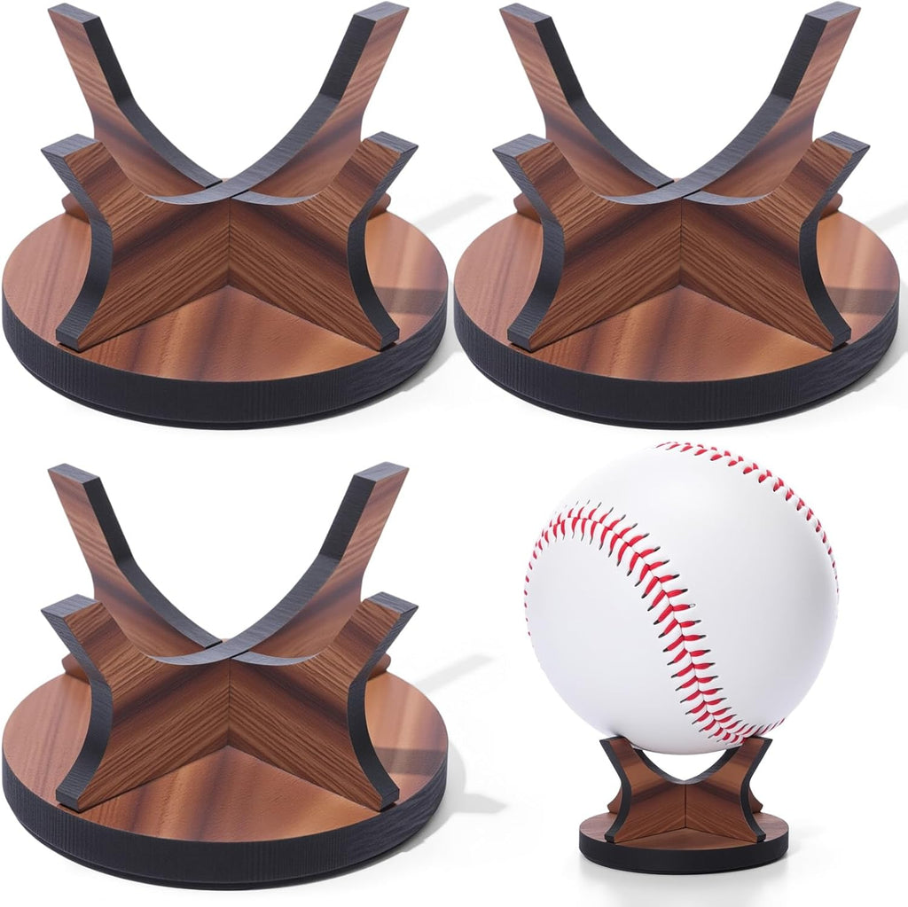 Sumind 3 Pcs Walnut Small Ball Stand Holder Sport Ball Display Rack Baseball Display Stand with 3 Pieces Non-slip Rubber Pads for Baseball Golf Softball Tennis Spheres, Wood