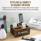 MyGift Wood Remote Control Holder Organizer with 4 Compartments, Tabletop Media TV Remote Caddy Storage with Cursive REMOTES Design (Rustic Burnt)
