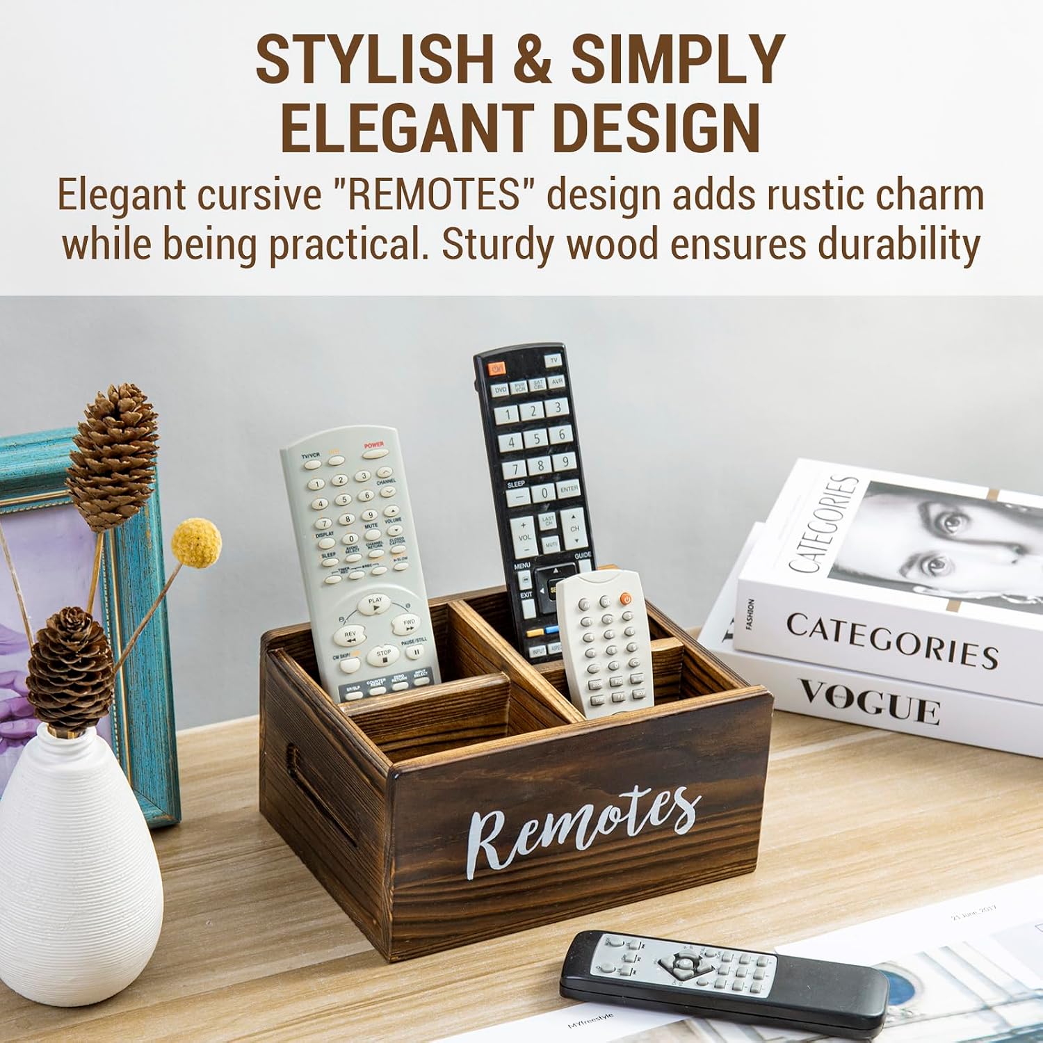 MyGift Wood Remote Control Holder Organizer with 4 Compartments, Tabletop Media TV Remote Caddy Storage with Cursive REMOTES Design (Rustic Burnt)