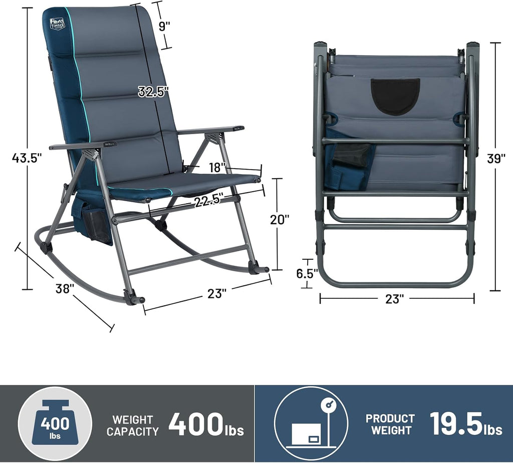 Timber Ridge Oversized Folding Rocking Camping Chair, Padded Outdoor Rocker with High Back, Portable Outdoor Chair for Patio, Garden, Lawn, Supports up to 400 lbs, Blue, 2 Pack