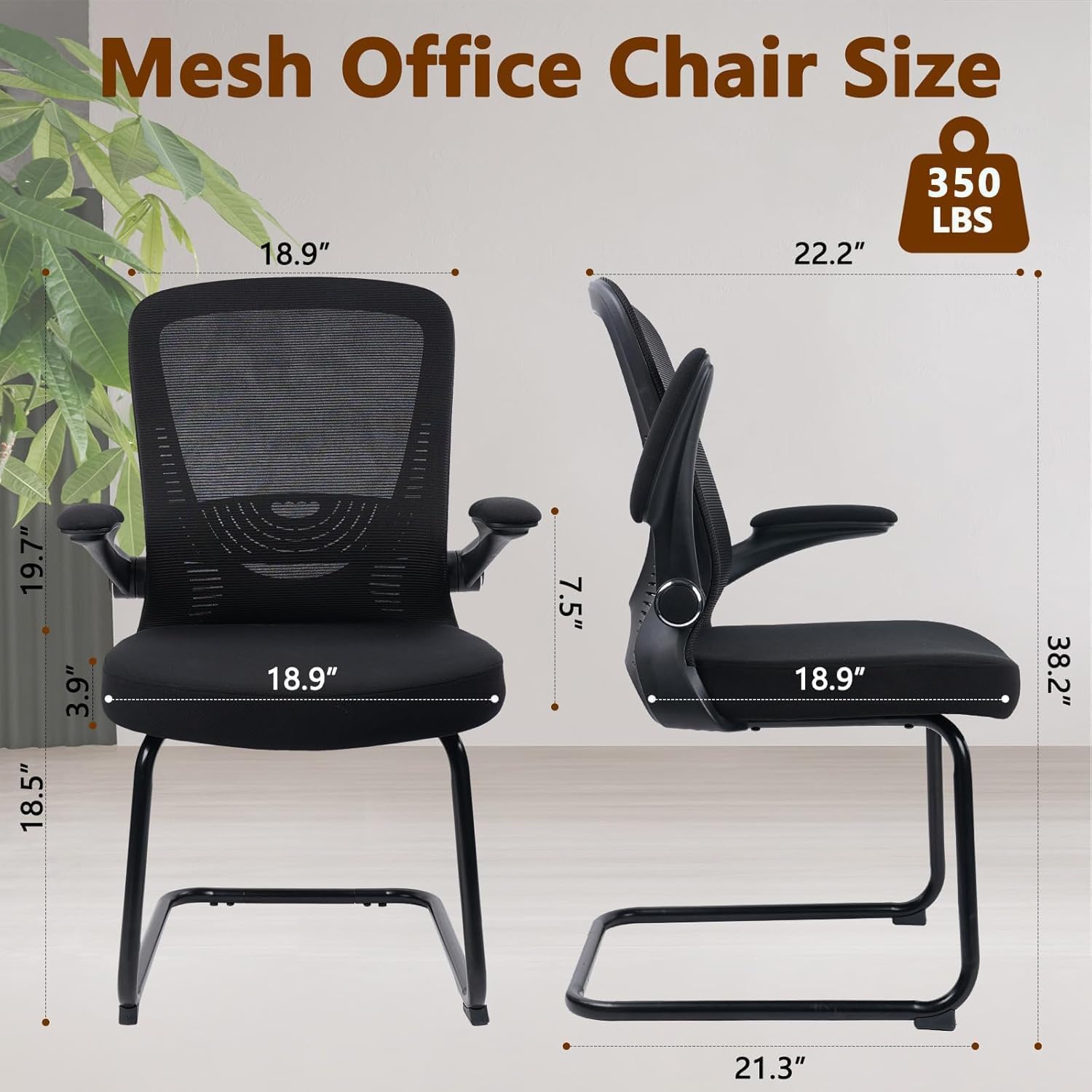 CLATINA Office Guest Chair no Wheels with Lumbar Support and Flip-up Armrest Mid Back Mesh Space Air Grid Series Sled Base for Reception Conference Room Black Set of 8