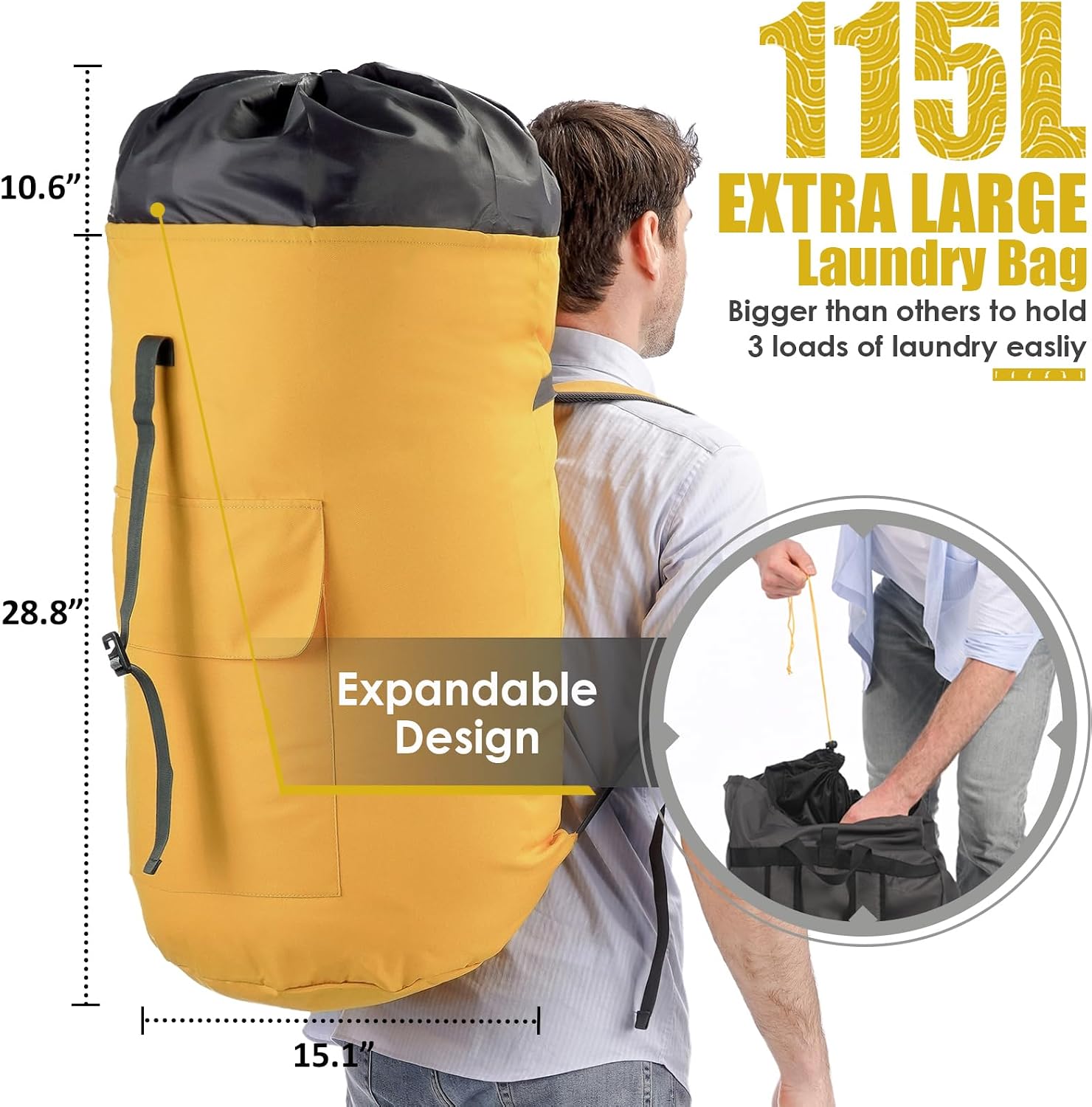 Backpack Laundry Bag, 115L Heavy Duty Extra Large College Laundry Backpack, Dirty Clothes Bag with Shoulder Straps, Laundry Hamper Bag with Drawstring Closure for College Dorm, Apartment Gold