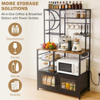 Uieke Bakers Rack with Power Outlet and Storage, Kitchen Bakers Rack with Cabinet & 10 Hooks, Coffee Bar Cabinet, Microwave Stand, 5 Tiers Kitchen Storage Rack for Dining Room & Small Spaces, Black