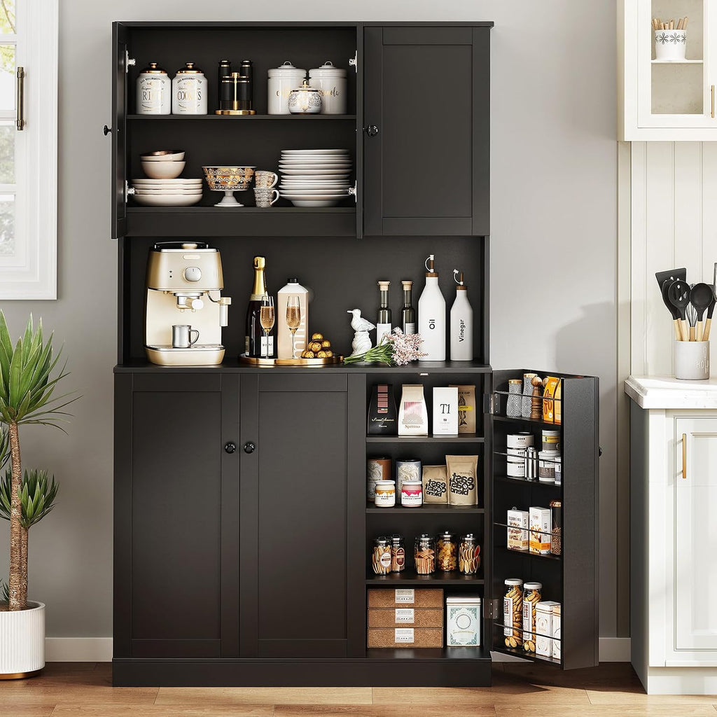 ONBRILL 71" Tall Kitchen Pantry Storage Cabinet with Microwave Stand & Door Shelf, Freestanding Kitchen Hutch with 6 Doors and Adjustable Shelves, Modern Food Pantry for Dining Room, Black