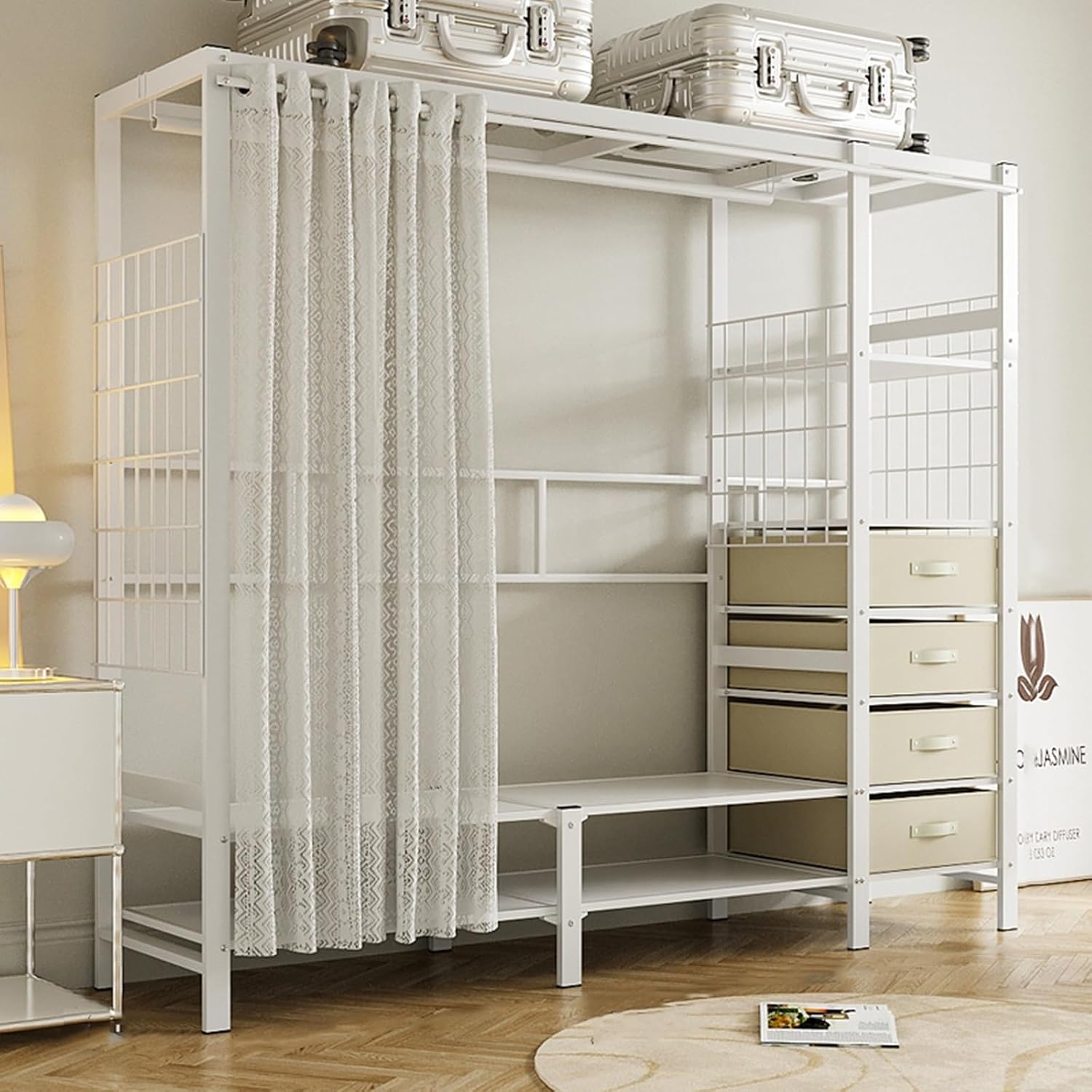 Heavy-Duty Clothes Rack Wardrobe with Curtain Large Walk-in Closet for Bedroom 4 Open Shelves & 6 Drawers Stylish White -Saving Design (168x50x170cm)