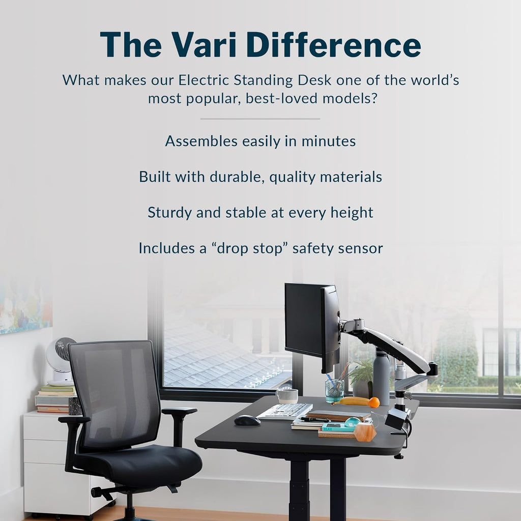 Vari Classic Electric Standing Desk - VariDesk Height Adjustable Sit/Stand Desk - Dual Motor with Memory Presets, Stable T-Style Legs - Gaming or Home Office Workstation - 60”x30”, Black/Black