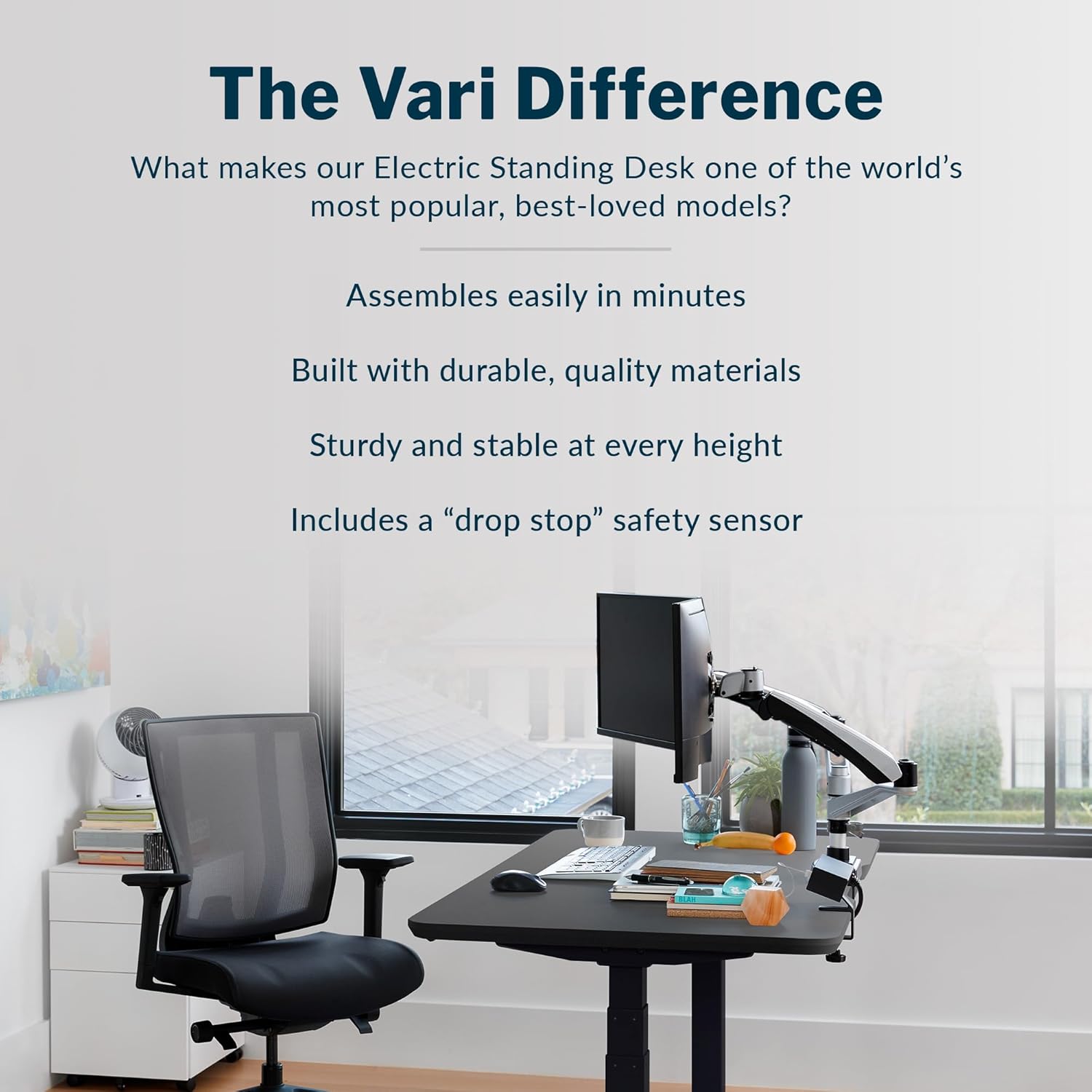 Vari Classic Electric Standing Desk - VariDesk Height Adjustable Sit/Stand Desk - Dual Motor with Memory Presets, Stable T-Style Legs - Gaming or Home Office Workstation - 60”x30”, Black/Black