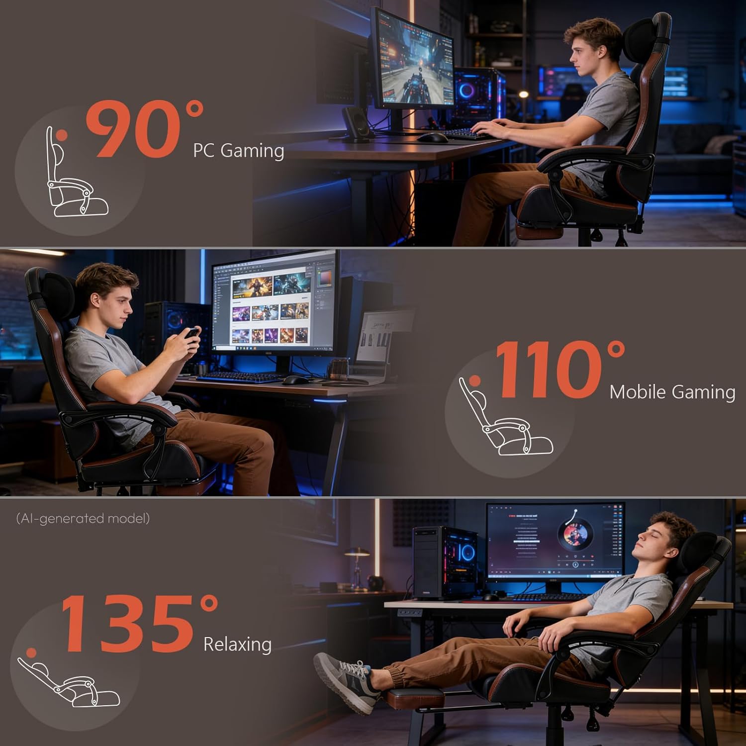 Ergonomic Gaming Chair for Adults with Footrest - PU Leather Computer Gamer Chair with Memory Foam Headrest & Lumbar Pillow, Reclining Silla Gamer Video Game Chair for Home Office, Black & Brown