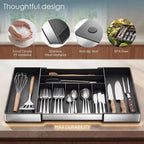 Extra Large Silverware Organizer, 9 Slot Expandable Kitchen Drawer Organizer, Utensil Holder, Heavy Duty Stainless Steel Frame Silverware Drawer Organizer, 8 Non-Slip Feet Included, BPA Free, Black