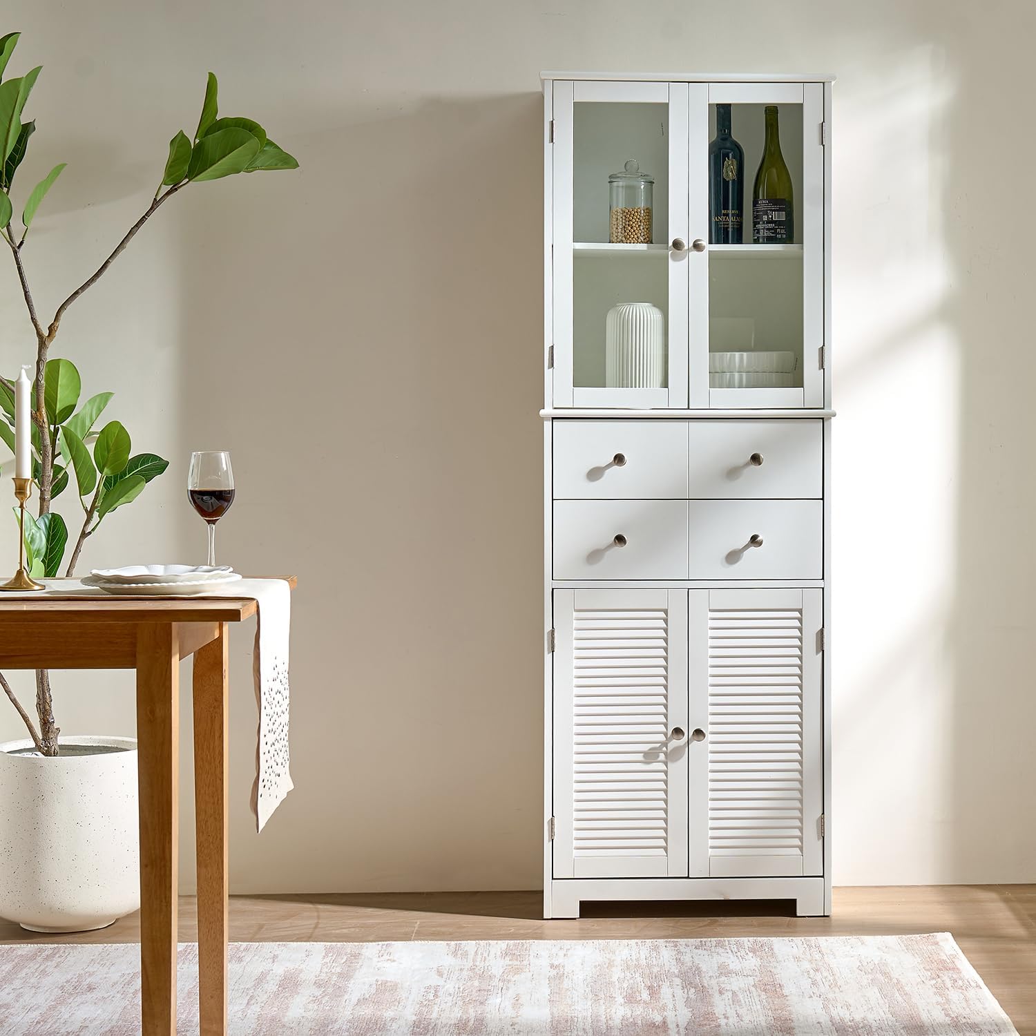 67in H Kitchen Pantry Cabinet with Glass Doors and Drawers, Kitchen Hutch Cabinet Storage Cabinet Large Food Cupboard Storage Cabinet Sideboard for Snacks, Spices & Wine, White