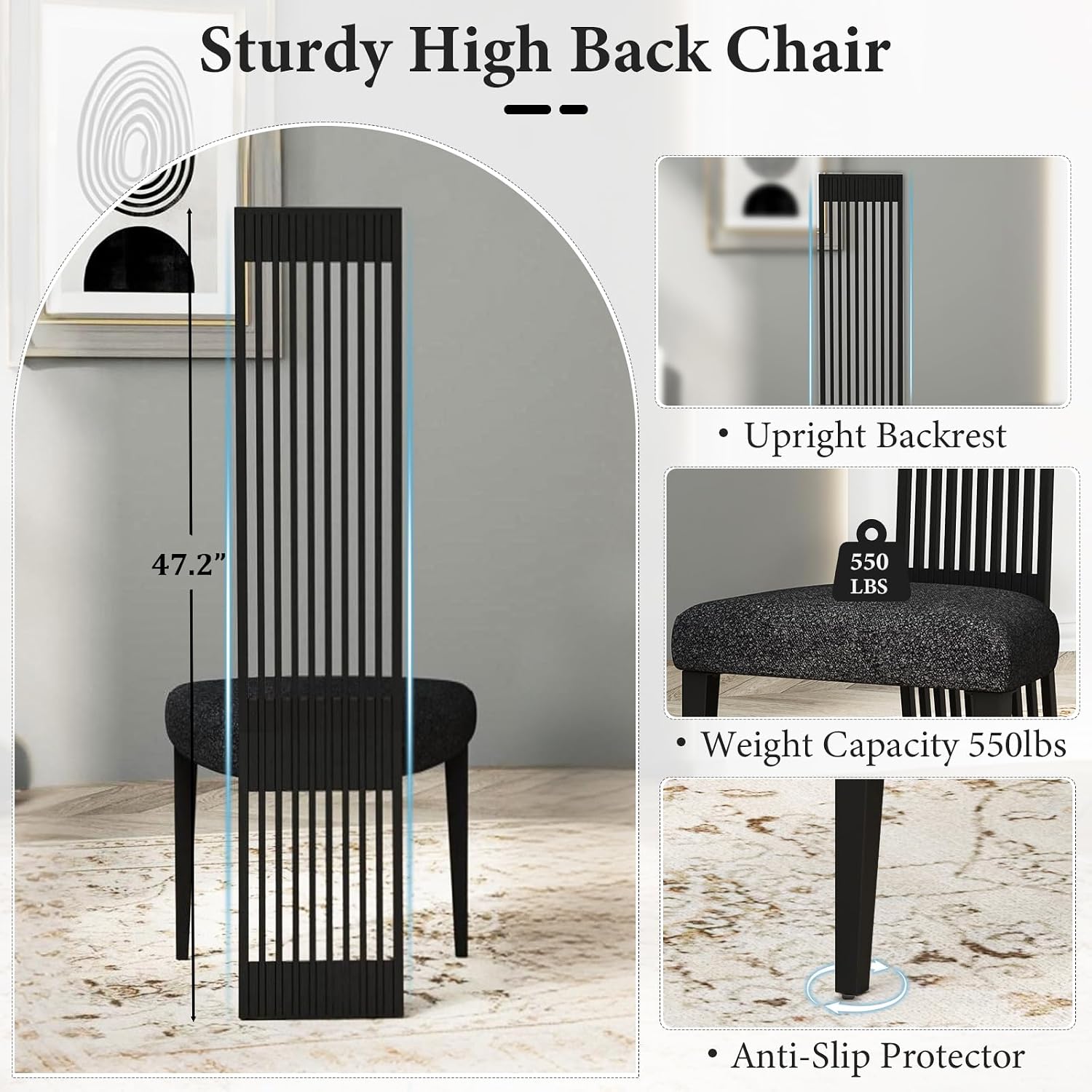 Modern Black Dining Chairs Set of 4, Upholstered High Back Dining Chairs with Stainless Steel Backrest and Legs, Luxury Dining Room Chairs for Kitchen Living Room Restaurant