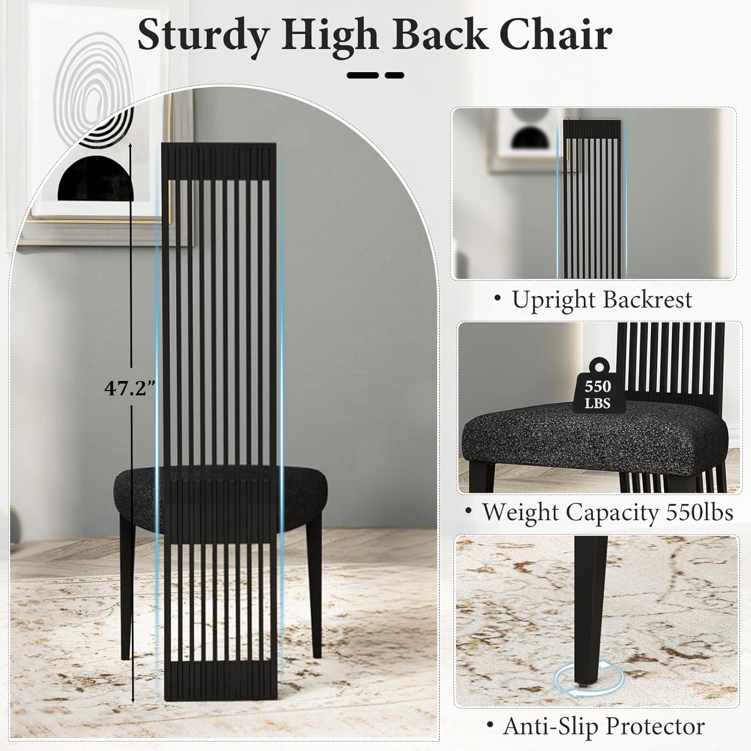 Modern Black Dining Chairs Set of 2, Upholstered High Back Dining Chairs with Stainless Steel Backrest and Legs, Luxury Dining Room Chairs for Kitchen Living Room Restaurant