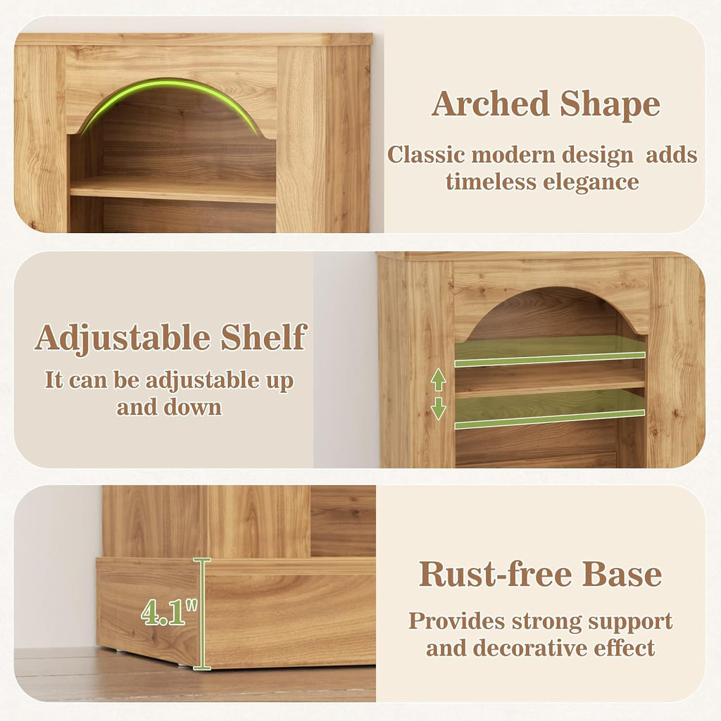 Arched Entryway Table with LED Lights, 47" Farmhouse Console Table with Adjustable Shelves, Sofa Table Behind Couch, Sideboard Buffet Storage Cabinet for Entrance/Hallway/Living Room, Natural Oak
