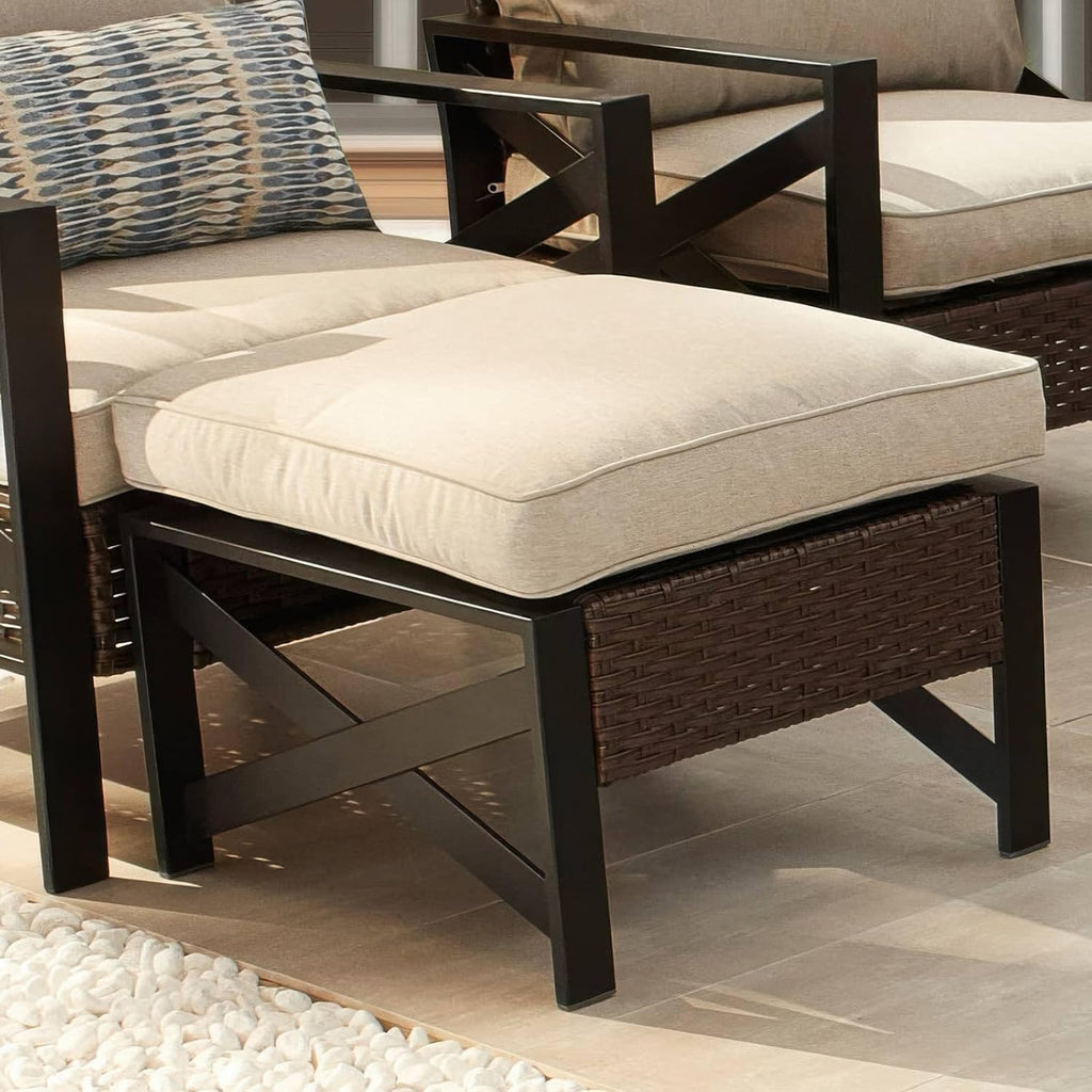 Outdoor Cushioned Ottoman Square Wicker Patio Furniture Ottoman with Beige Cushion Metal Steel Frame
