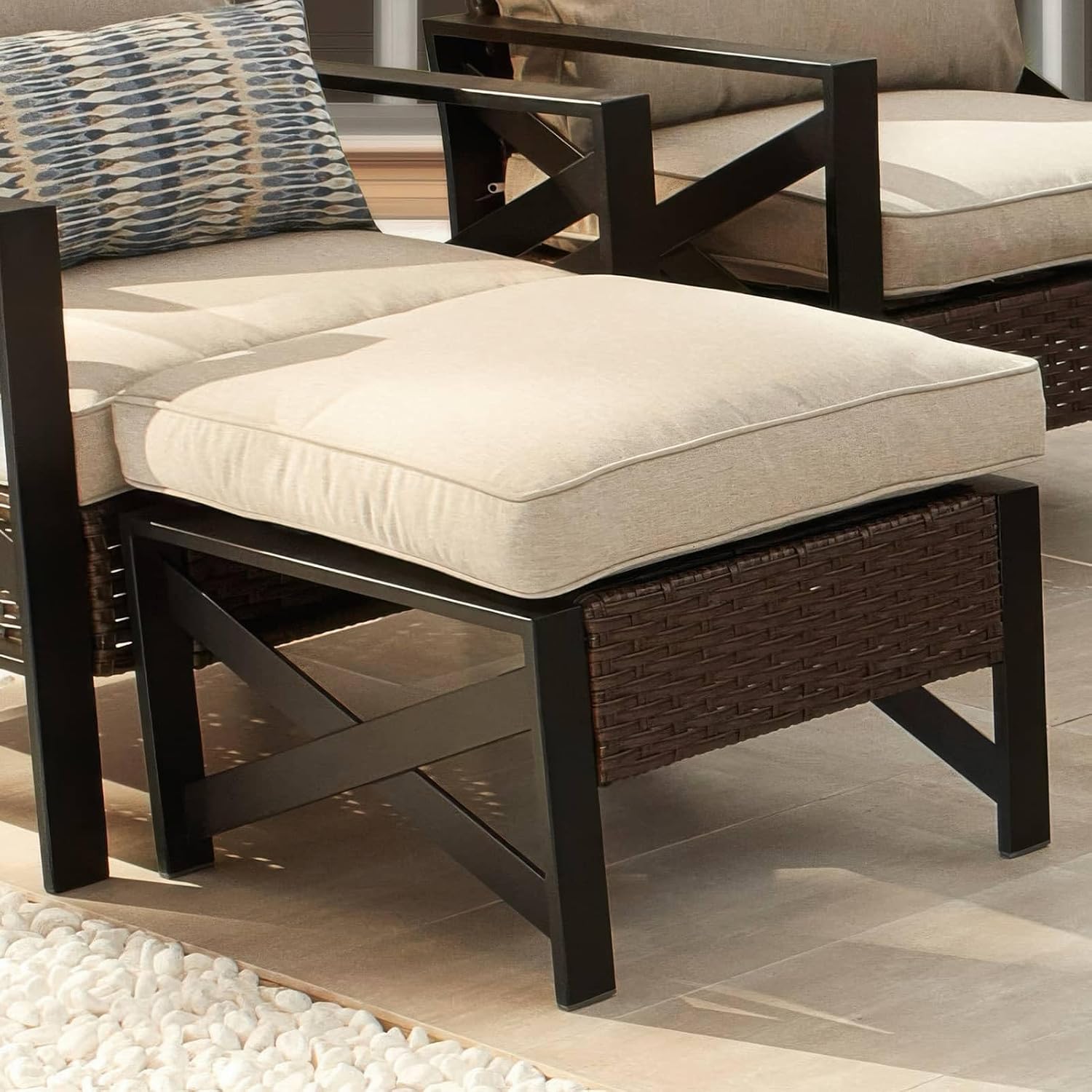 Outdoor Cushioned Ottoman Square Wicker Patio Furniture Ottoman with Beige Cushion Metal Steel Frame