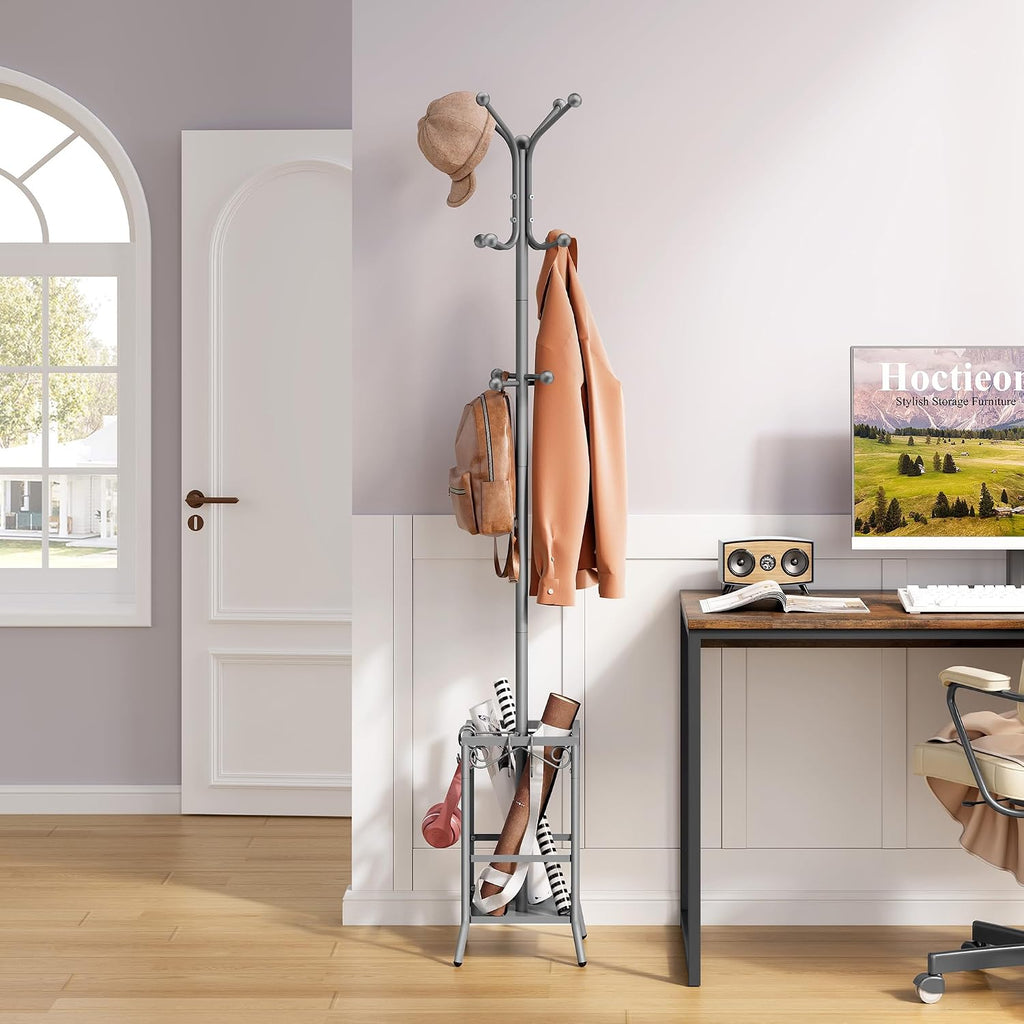 Hoctieon Coat Rack Freestanding, Coat Tree with Umbrella Holder | Metal Coat Rack Stand with 12 Hooks, Standing Coat Hanger Stand, Umbrella Stand for Entryway, Hat Rack Stand for Home Office