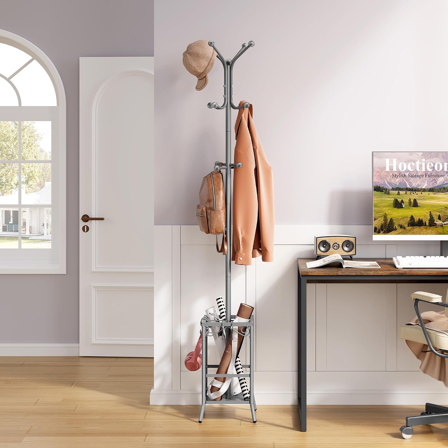 Hoctieon Coat Rack Freestanding, Coat Tree with Umbrella Holder | Metal Coat Rack Stand with 12 Hooks, Standing Coat Hanger Stand, Umbrella Stand for Entryway, Hat Rack Stand for Home Office